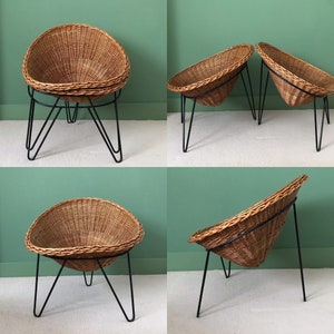 4 Mid Century Wicker Chairs set + table  Habitat Cone Chairs Basket Chairs Hairpin Legs