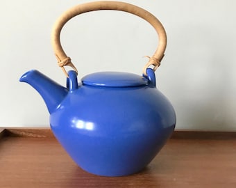Large Blue Vintage Teapot Hoganas Keramik Large Blue Teapot, Bamboo Handle with Stand