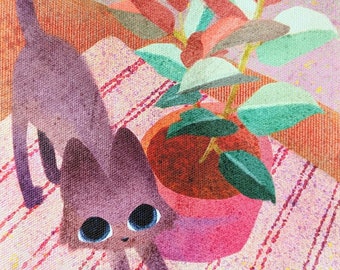 May include: A painting of a purple cat with big eyes, standing on its hind legs, next to a pink pot with a green plant with red and white leaves.