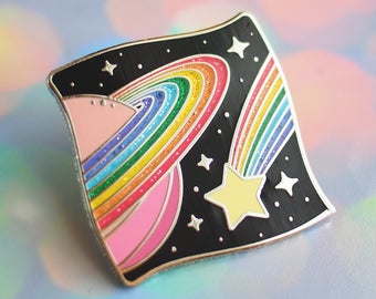 Glitter Planet Pin, Kawaii Space Enamel Pin Silver Rainbow Pin, Glitter Rainbow Kawaii Pin Space Pin, Planet Enamel Pin Pastel Goth Clothing