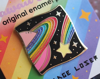 SECONDS Kawaii Space Enamel Pin, Silver Kawaii Enamel Pin, Space Enamel Pin, Rainbow Pin, Pastel Goth Clothing, Glitter Rainbow Pin
