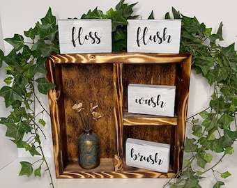 Bathroom wall box and sign set | floss flush wash brush mini signs | bathroom shelf | farmhouse wall decor