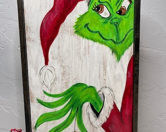 Grinch hand painted sign, Grinch Lovers Gift, Farmhouse sign, Rustic Home Decor, Christmas Wall Decor, Christmas gift