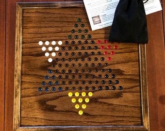 Chinese Checkers game board with marbles - marble games - family games - game night - wood game board