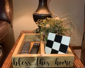 Remote control storage caddy, end table storage, bedside table storage, wooden box, bless this house