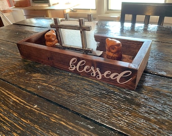 Centerpiece box, Blessed, farmhouse decorative wooden box, wooden tray, back of toilet box, table centerpiece, kitchen counter caddy