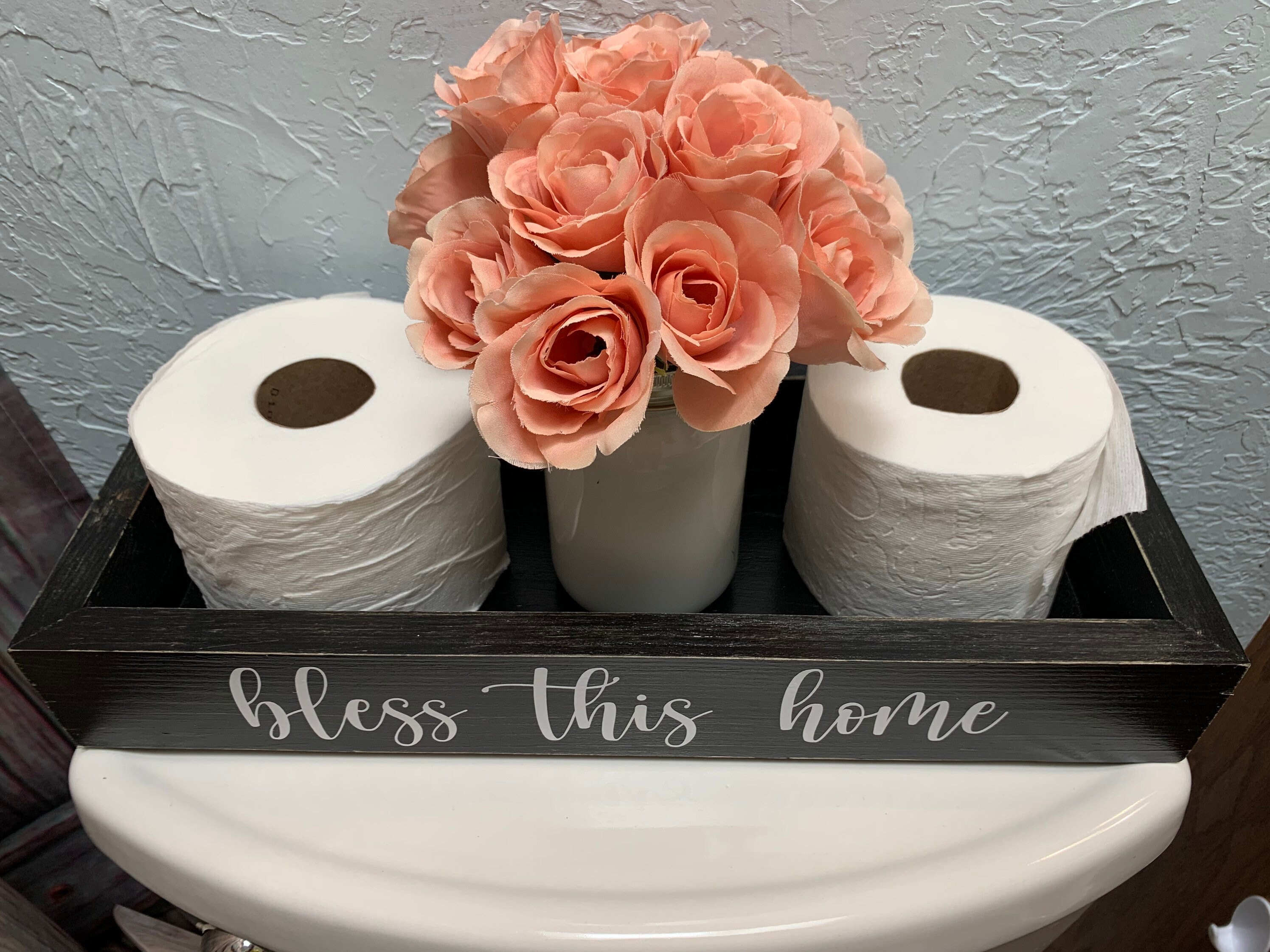 kitchen counter caddy back of toilet box Centerpiece box Bless This