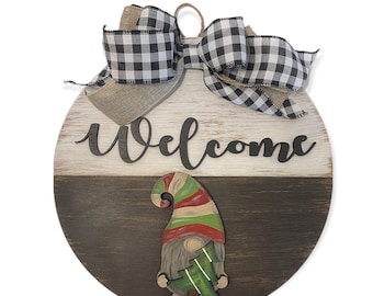 Interchangeable Gnome Welcome Door Hanger | Circle Greeting | Welcome Wreath | Front Door Decor | Seasonal Decor