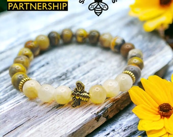 Save The Bees - Bumble Bee Jasper and Honey Calcite Crystal Beaded Bracelet