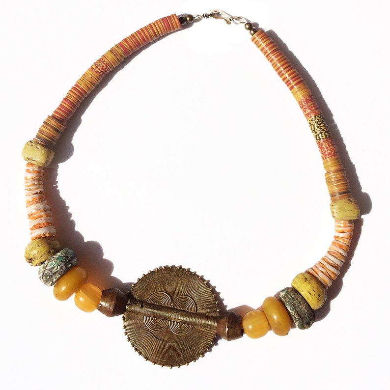 GWG Necklace 02 ~ Sunny Day\u2014ANTIQUE VTG Beads\u2014Lobi brass sun disk\u2014old resin egg yolk amber\u2014Hebrons\u2014rare colors vulcanite\u2014old bronze beads