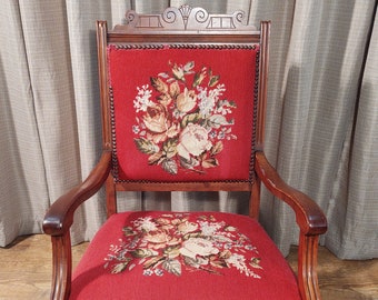 This Victorian needle point chair in maroon is a perfect addition for your living room.