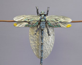 Dragonfly Pin or Brooch on a Hammered Silver Disk