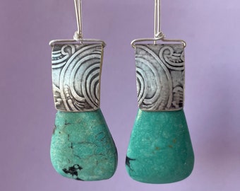 Royston Nevada Turquoise Earrings with Embossed Silver Plate