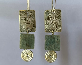 Sage Green Kyanite on Embossed Floral Silver Plate Earrings with Silver Spirals
