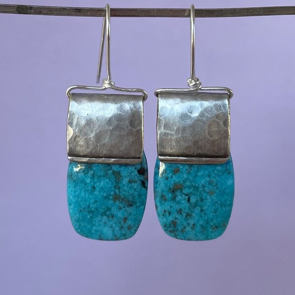 Persian Sky Blue Turquoise Earrings on Hammered Silver Plate