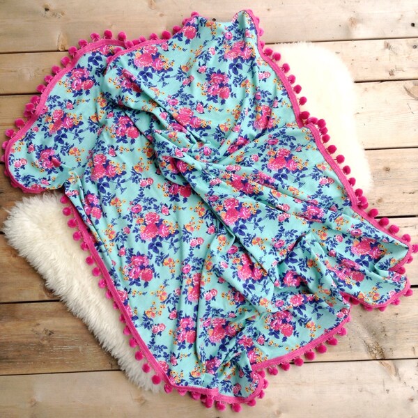 Pom Pom Swaddle Blanket, Baby Blanket, Floral Baby Blanket, Preppy Baby Blanket, Turquoise Floral Blanket, Baby Shower Gift