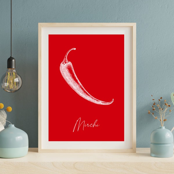 Minimalist Chili Pepper Hindi Mirchi Print Digital Modern Kitchen Decor Trendy Vegetable Poster Kitchen Wall Decor Download 1 Print