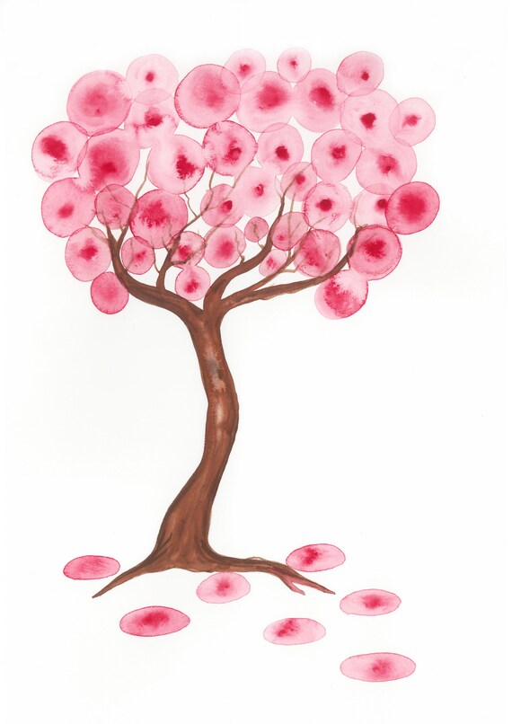 Cherry Blossom Tree Red Bubbles Watercolour Print