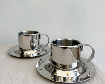 Vintage Meber Studded Stainless Steel Espresso Cups Set of 2