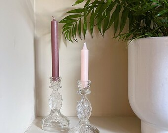 Vintage Pair of Glass Moulded Floral Leaf Candlestick Holders