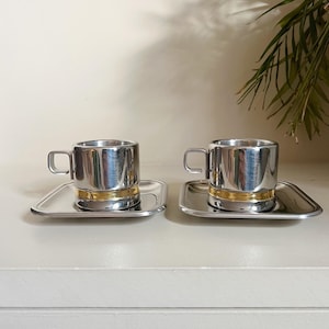 Vintage Zini Stainless Steel and Brass Espresso Cups Square Saucers Set of 2