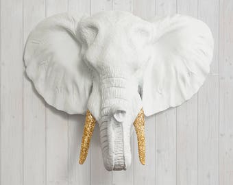 White Faux Elephant Head by Wall Charmers Faux Taxidermy - Faux Animal Resin Wall Mount Fauxidermy - Boho Wall Decor - African Wall Art