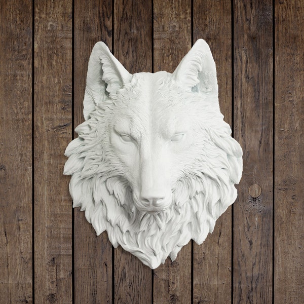 The Sierra in White - Wolf Faux Taxidermy Fauxidermy Fake Animal Head Mount - Decorative Ceramic Plastic Resin Wall Decor Mounted Replica