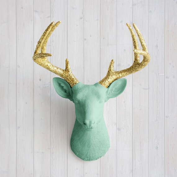 Wall Charmers™ Deer in Mint Gold Glitter Faux Head Green Etsy