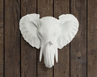 The Savannah (2-Day Shipping)|Faux Elephant Head by Wall Charmers Faux Taxidermy|Ceramic Mounted Fake Animal Head Decor|African Wall Art
