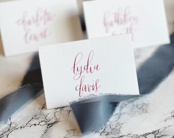 White Place Card Tent / Magenta Lettering Calligraphy / Party Birthday Wedding Bridal Shower Baby Shower / Hand lettered / Classic