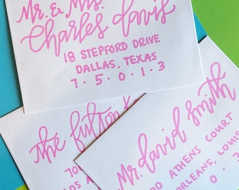 White Envelope / Hot Pink Lettering Invitation Address Calligraphy / Party Birthday Wedding Bridal Shower Baby Shower / Hand lettered