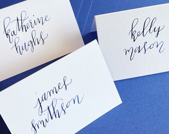 White Place Card Tent / Navy Lettering Calligraphy / Party Birthday Wedding Bridal Shower Baby Shower / Hand lettered / Classic