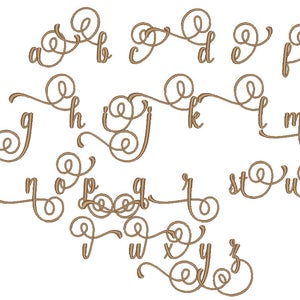 May include: A decorative alphabet with each letter in a cursive font with a flourish. The letters are brown and are set against a white background.
