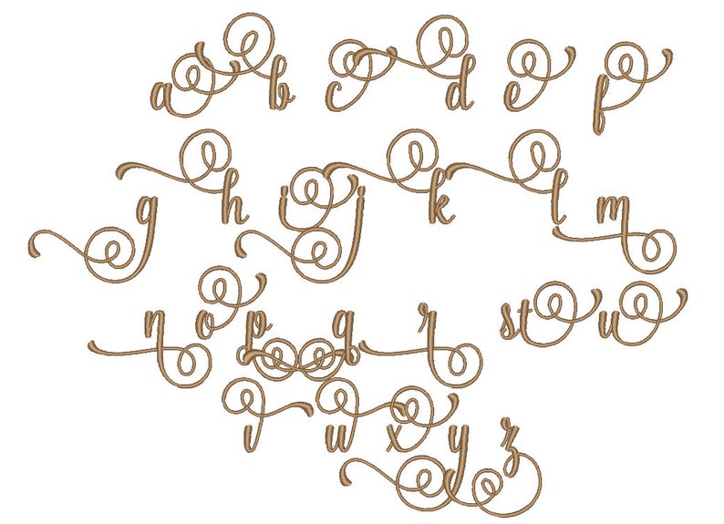 May include: A decorative alphabet with each letter in a cursive font with a flourish. The letters are brown and are set against a white background.