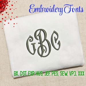 May include: Embroidered monogram of the letters G, B, and C in a gray font on a white fabric background. The text "Embroidery Fonts" is at the top of the image. The text "BX, DST EXP, HUS, JEF, PES, SEW, VP3, XXX" is at the bottom of the image.