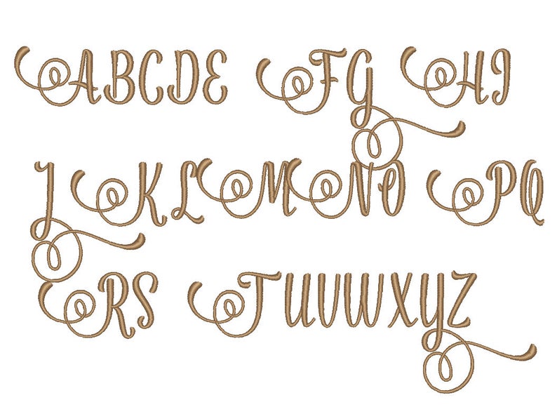 May include: A brown cursive alphabet with decorative swirls. The letters are uppercase and are arranged in alphabetical order.