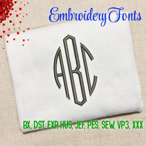 May include: Embroidery font design for the letters A, B, and C in a monogram style. The letters are in a gray color and are outlined in black. The letters are in a circle shape. The text "BX, DST, EXP, HUS, JEF, PES, SEW, VP3, XXX" is at the bottom of the image.