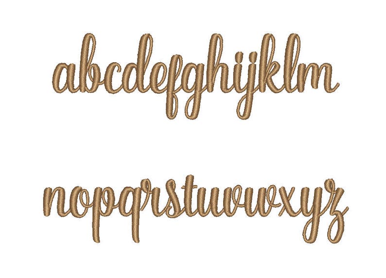 May include: A handwritten alphabet in a cursive font. The letters are brown and are written in lowercase.