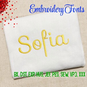 May include: Embroidery font design for the name "Sofia" in a gold color on a white background. The file formats included are BX, DST, EXP, HUS, JEF, PES, SEW, VP3, and XXX.