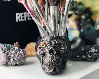 Skull Makeup Brush Holder | Skull Planter | Gothic Decor | Vanity