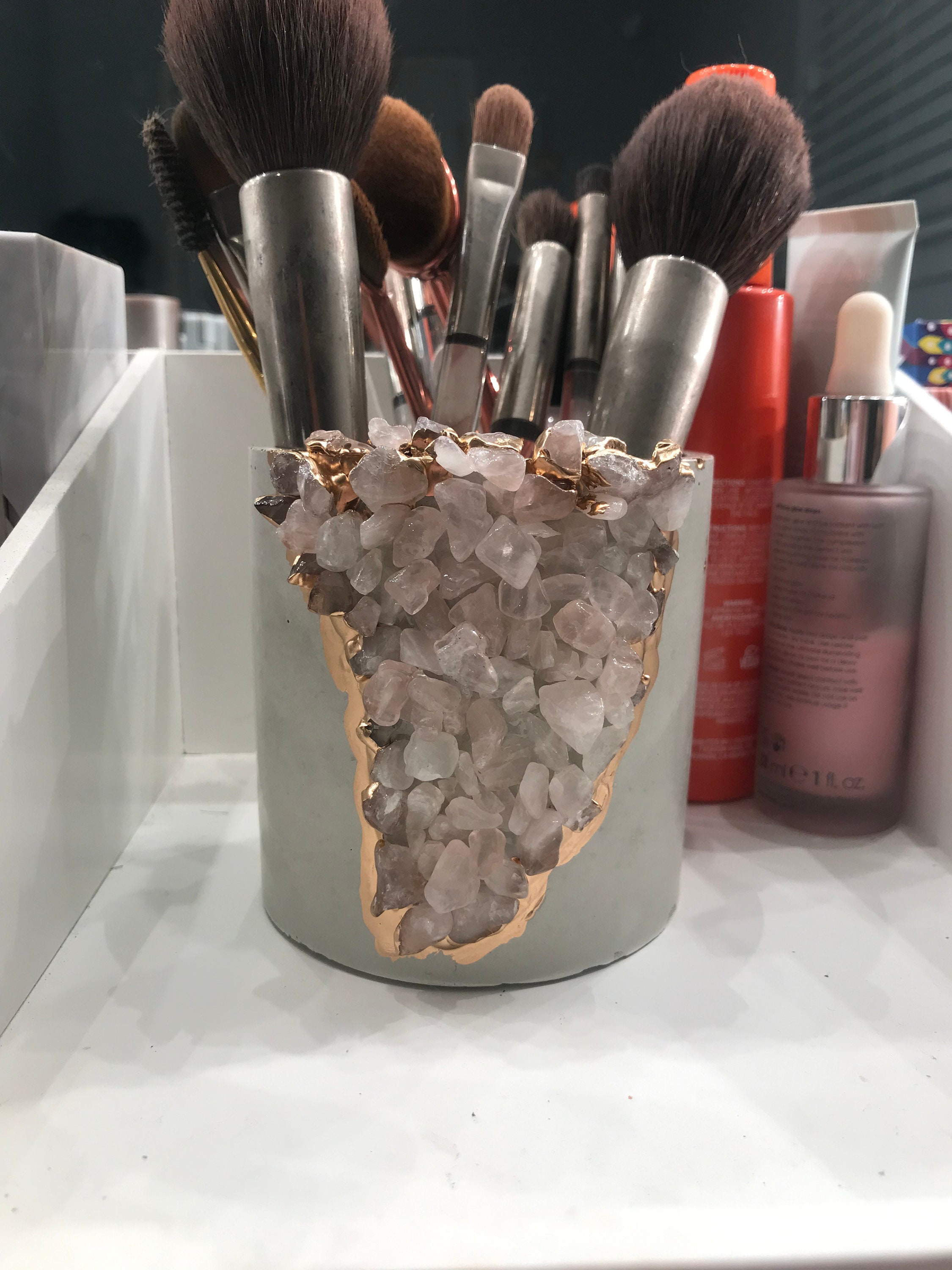 Rose Quartz | Crystal Makeup Brush Holder | Geode Planter | Pen Holder |  Office Organization | Vanity | Makeup Organization - Etsy