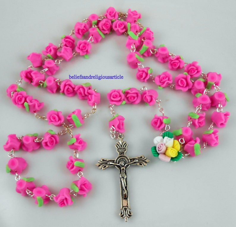 Pink Soft Ceramic rose beads rose flower rosary cross Crucifix | Etsy