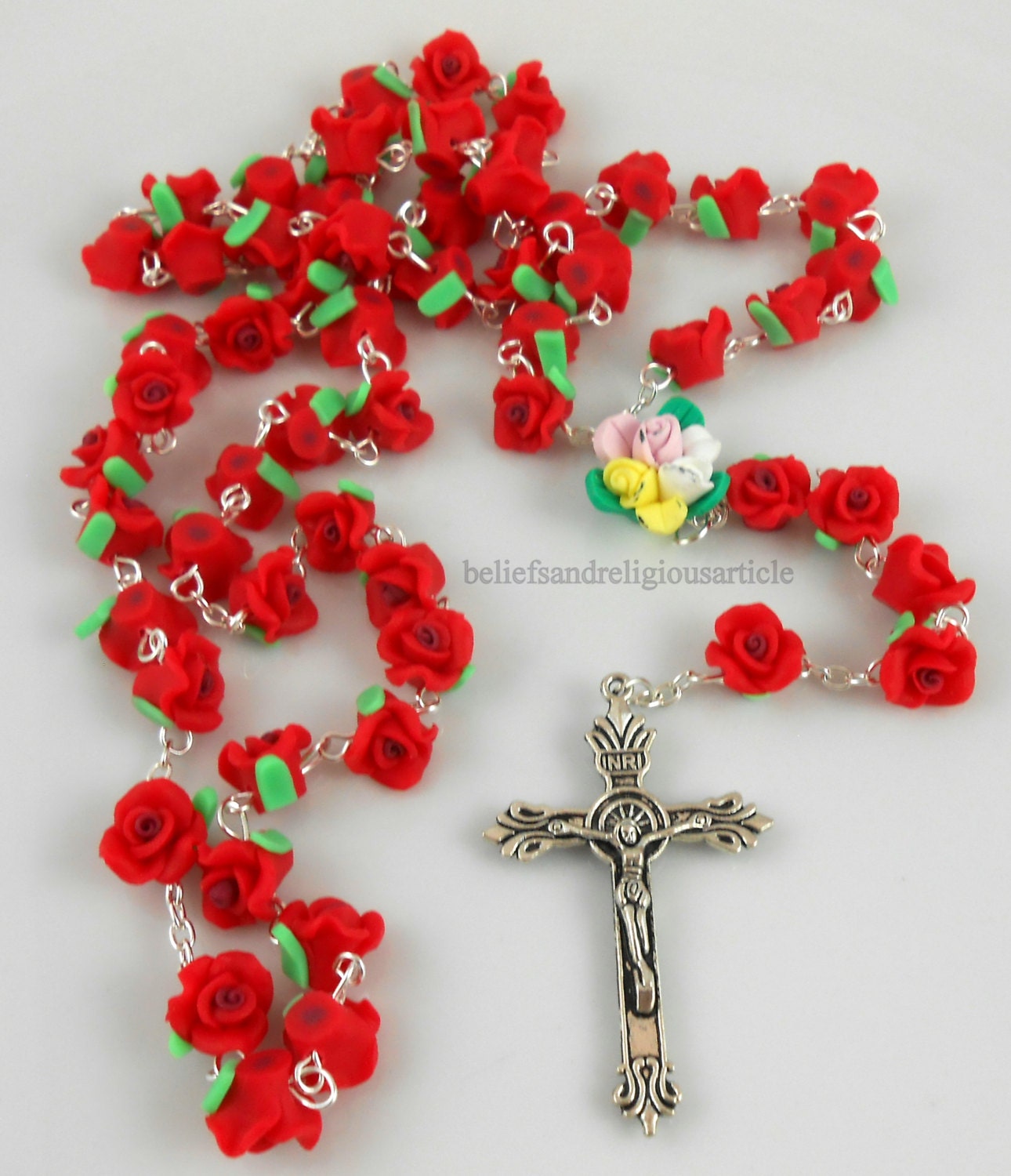 Red Soft Ceramic rose beads rose flower rosary cross Crucifix | Etsy