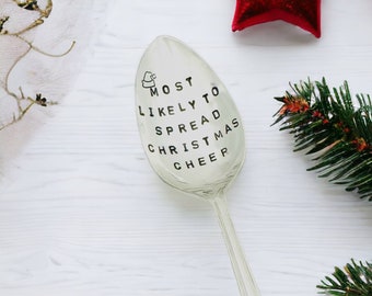 Most Likely To Spread Christmas Cheer Stamped Holiday Spoon, Christmas Spoon, Stocking Stuffer Gift