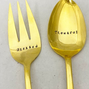 Blessed Thankful Gold Serving Set Christmas Thanksgiving Easter Hand Stamped Silverware Set