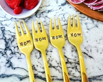 Nom Nom Nom Hand Stamped Set Of Gold Appetizer Forks, Cheese Olive Pickle Forks, Holiday Party Serving Set