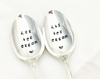 Her Ice Cream His Ice Cream Spoons, Engagement Gift, Wedding Gift, Gift For Couples, Hand Stamped Dessert Spoons