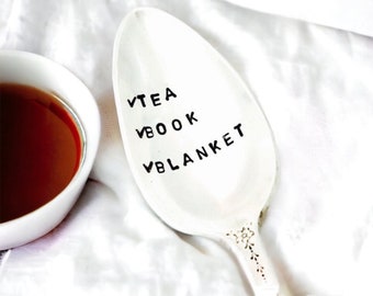 Tea Book Blanket Checklist, Tea Lover Gift, Book Lover Gift, Stamped Tea Spoon, Gift for Her, Gift for Him