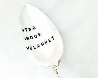 Tea Book Blanket Checklist, Tea Lover Gift, Book Lover Gift, Stamped Tea Spoon, Gift for Her, Gift for Him