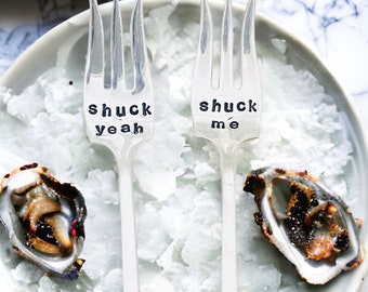 Shuck Yeah, Shuck Me, Seafood Fork Set, Oyster Forks, Hors d’oeuvre Forks,Hostess Gift, Shucking